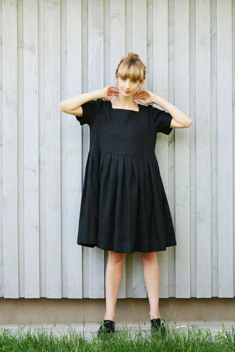 Black linen square neck oversized dress - Handmade by OFFON