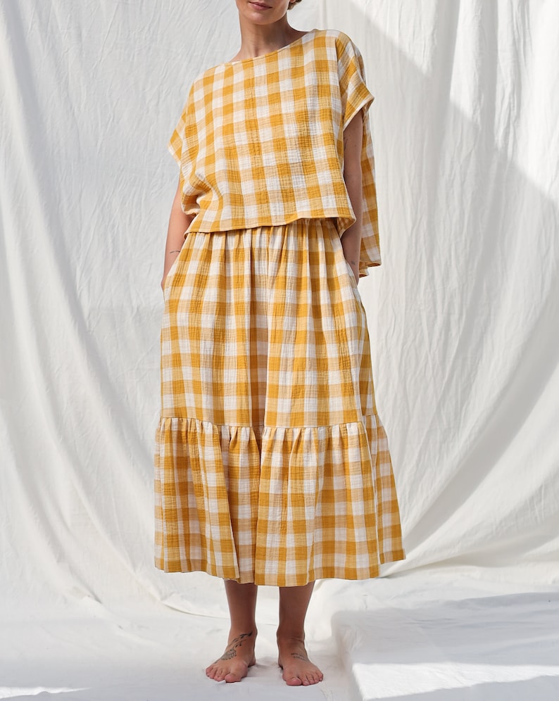 Double gauze mustard checks skirt with elastic waistband OFFON CLOTHING image 3