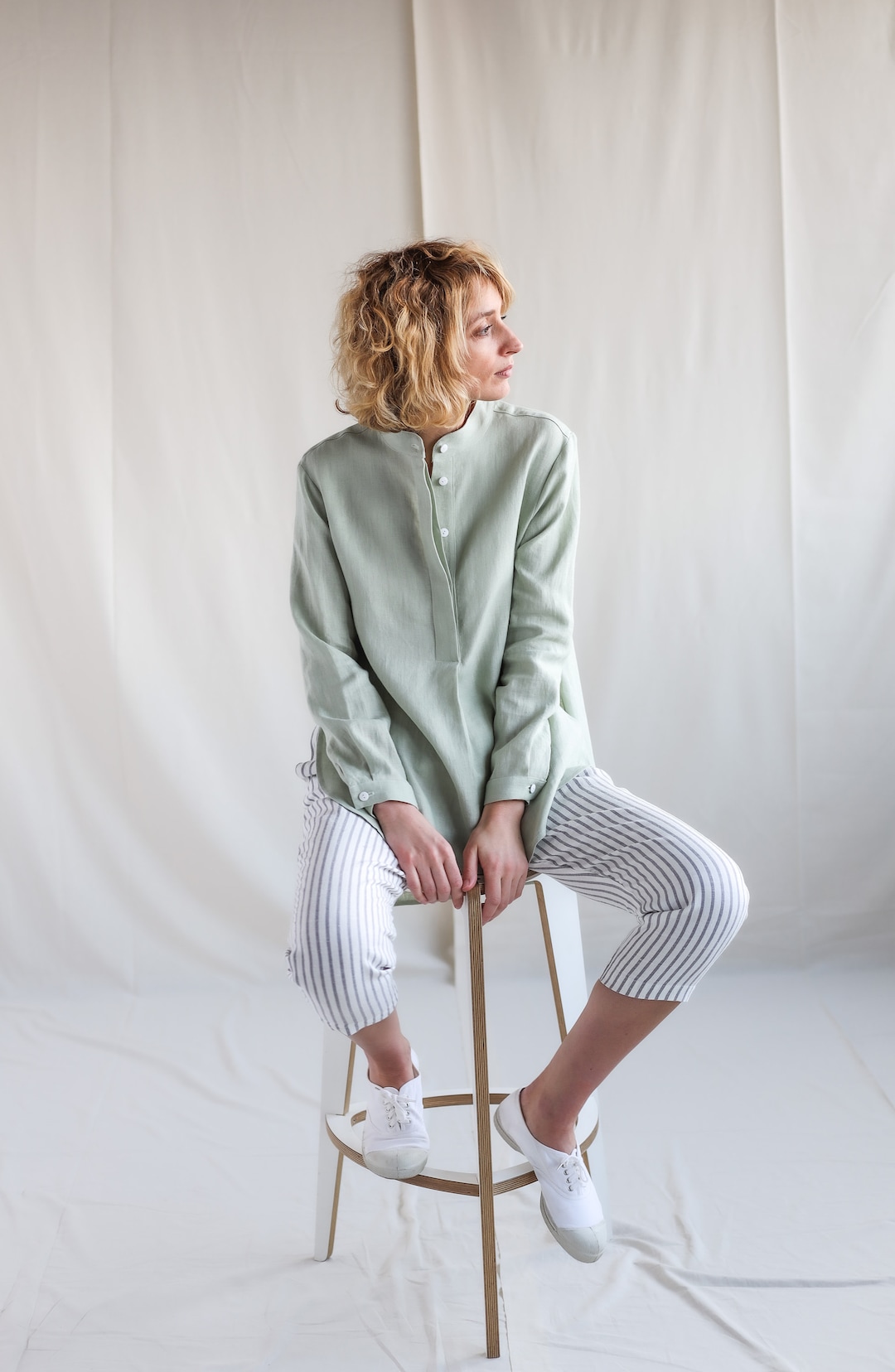 【I AM MARI】[2Piece] Duere Linen Wrap Collar Shirt Long SK 100% Linen Collar Shirt- Dress/ 1270 - Etsy