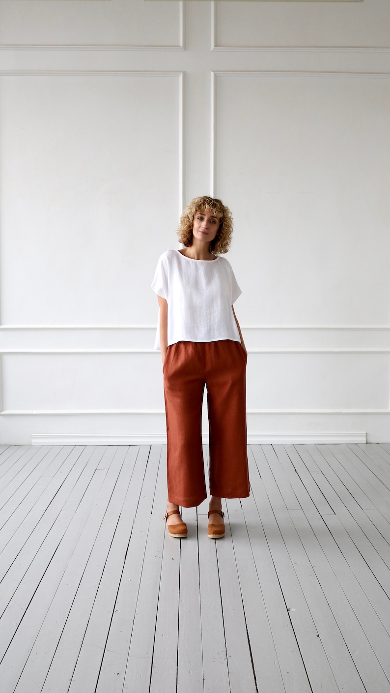 Wide leg linen culottes in redwood/OFFON CLOTHING image 5