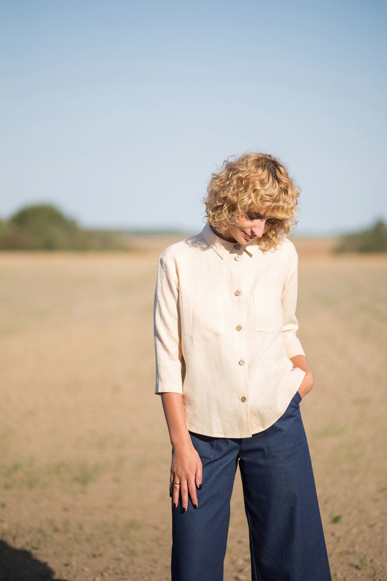 Classic linen shirt in ivory / Button up linen top / OFFON CLOTHING image 4