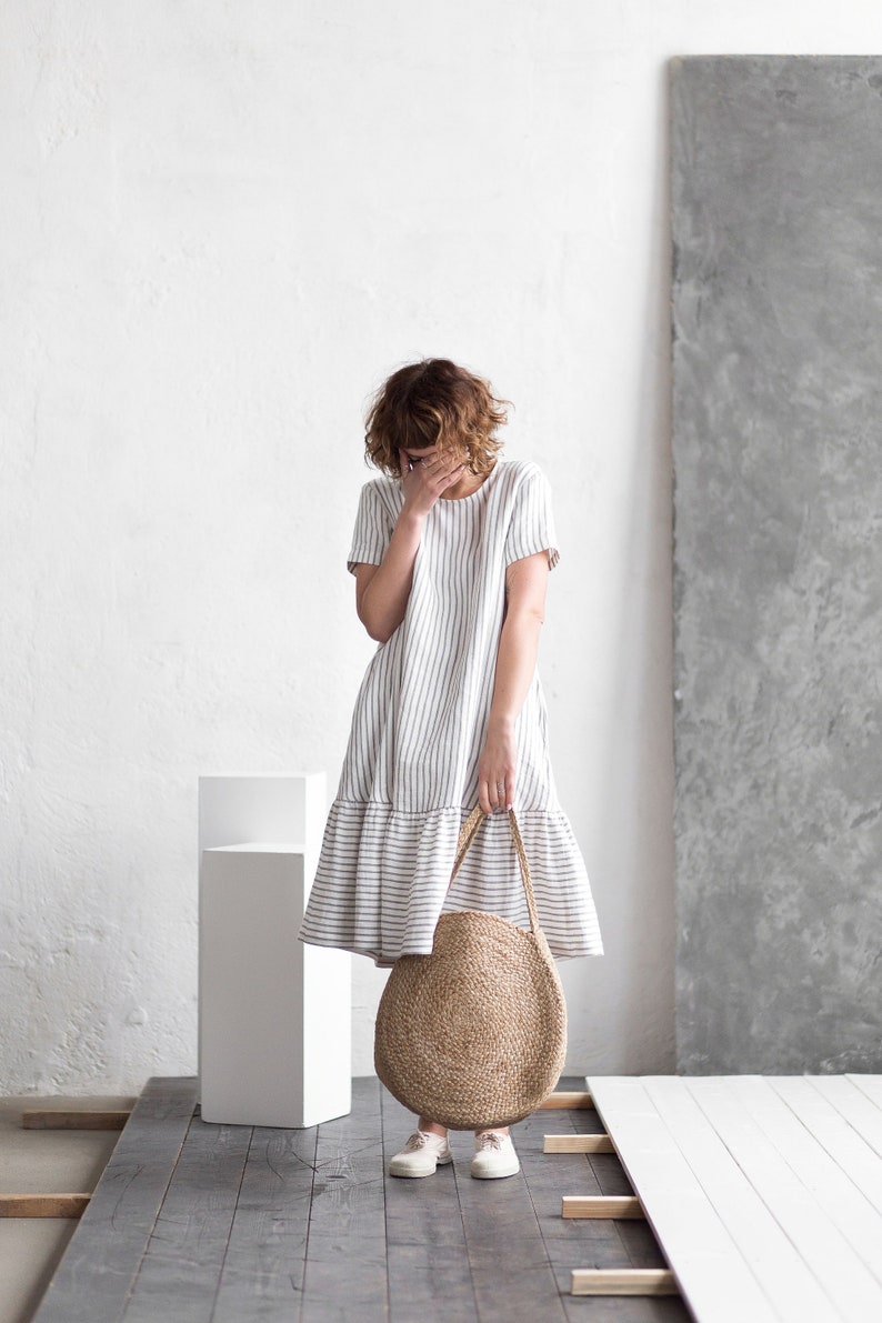 Striped linen dress / Loose linen dress / Short sleeve linen dress - Handmade by OFFON CLOTHING