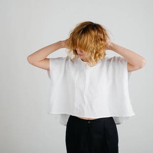 Linen Top White Linen Oversize Fit Top Cropped Hem Top Handmade by OFFON image 5