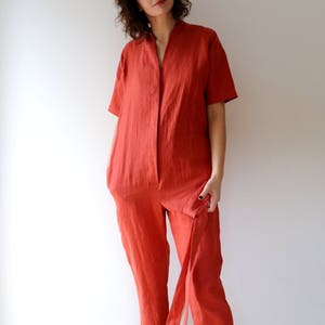 Linen Jumpsuit In Burnt Orange Short Sleeve Romper Linen Overall Handmade by OFFON image 5