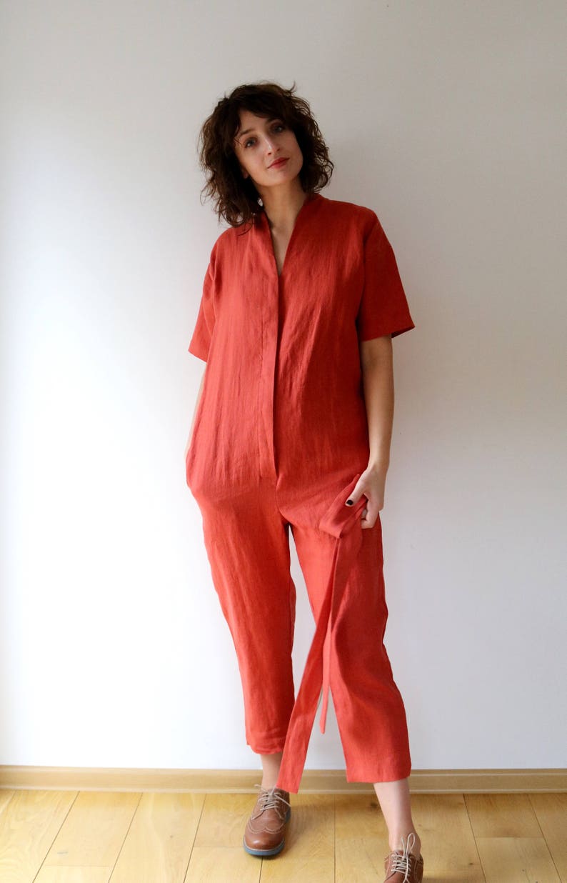 Linen Jumpsuit In Burnt Orange Short Sleeve Romper Linen Overall Handmade by OFFON image 5