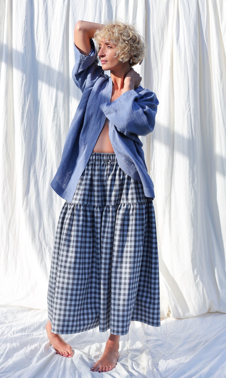 Checkered organic cotton tiered skirt with elasticated waist OFFON CLOTHING image 9