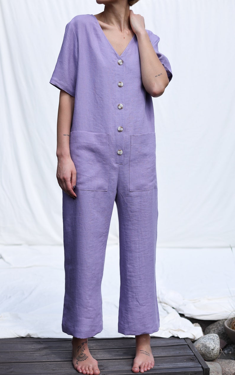 Loose linen V-neck jumpsuit / OFFON CLOTHING image 5