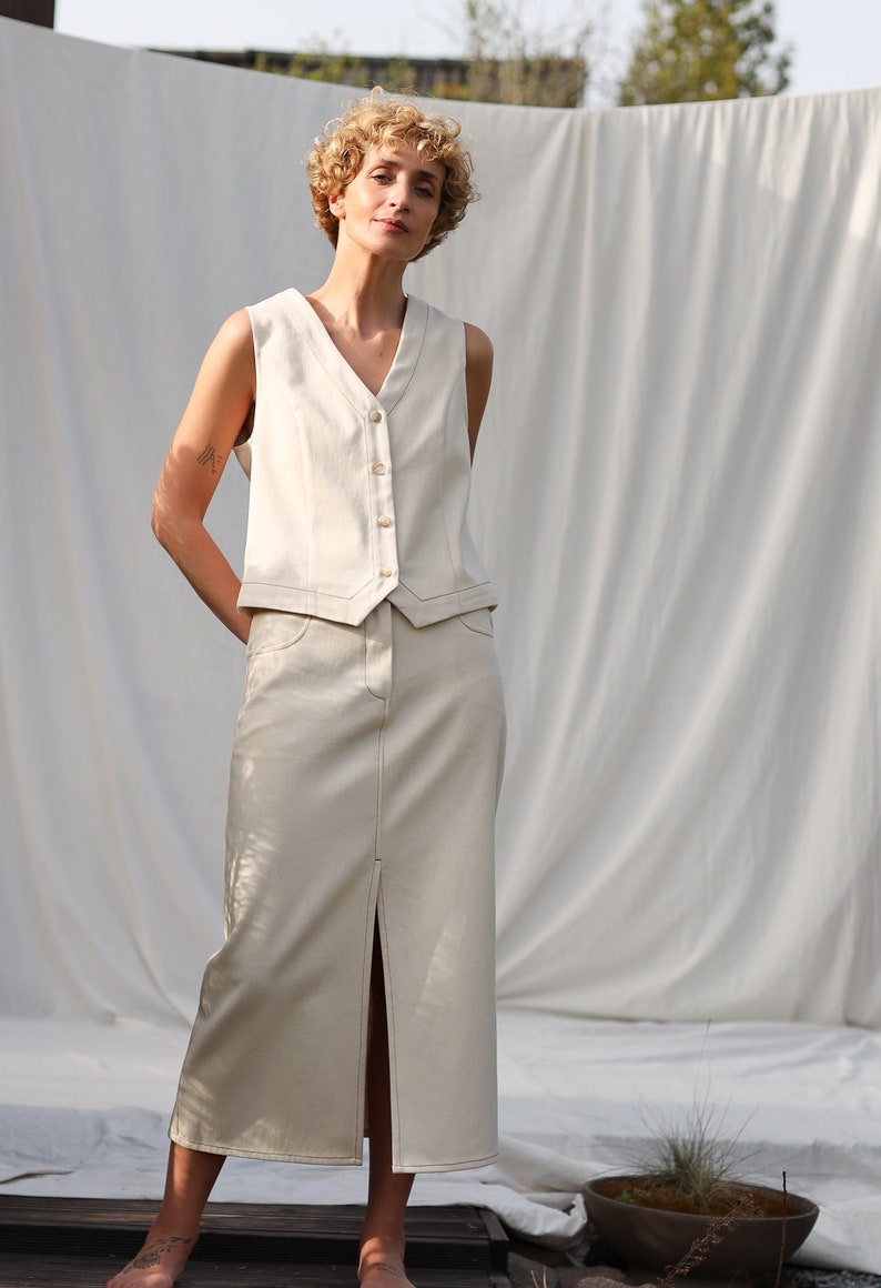 Falda lápiz con puntadas en contraste de algodón y lona natural OFFON CLOTHING imagen 8