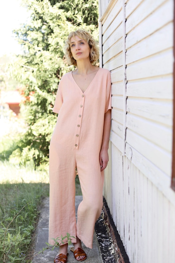 Linen Flowing Jumpsuit in Almost Apricot Color / OFFON CLOTHING 