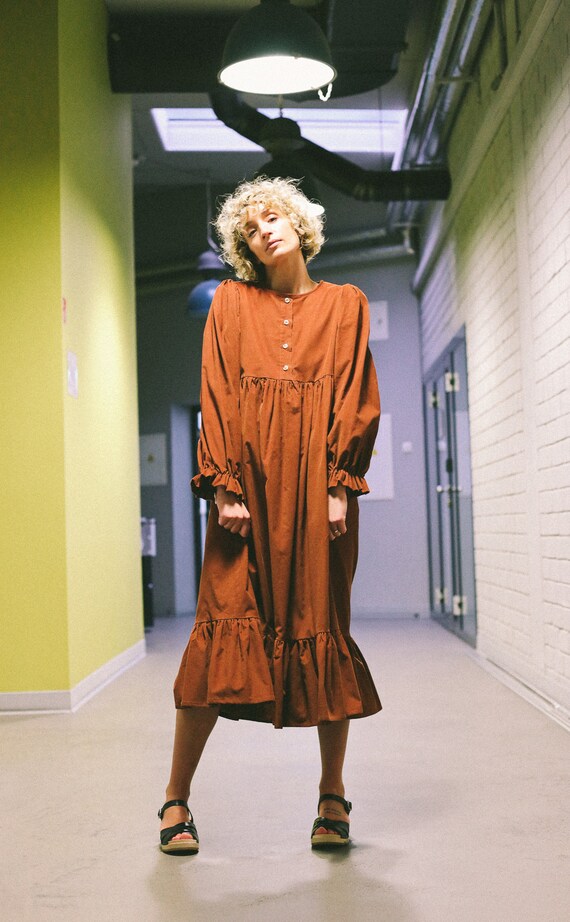 Needlecord Long Sleeve Dress in Brick Color • OFFON Clothing