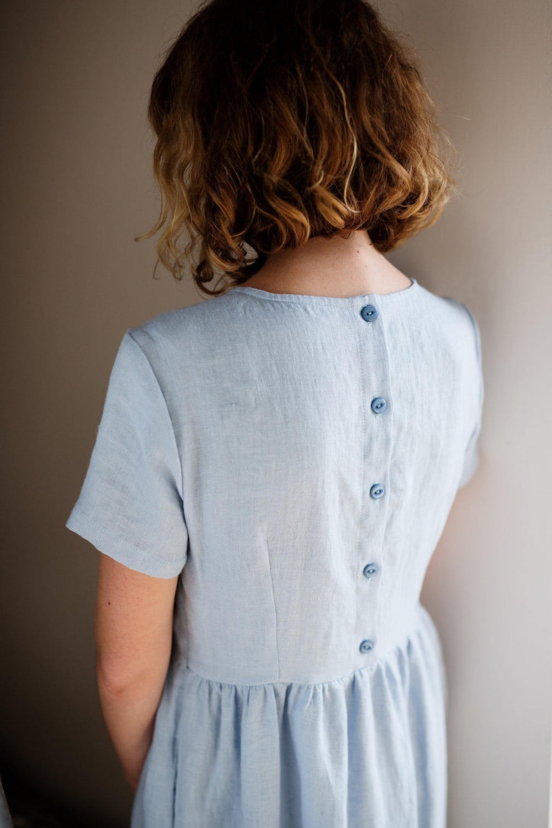 Linen Loose Dress In Sky Blue Short Sleeved Linen Summer Dress Linen High Waist Dress Handmade by OFFON image 3