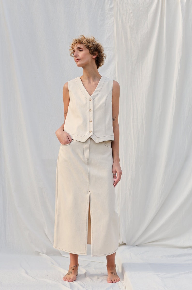 Falda lápiz con puntadas en contraste de algodón y lona natural OFFON CLOTHING imagen 2