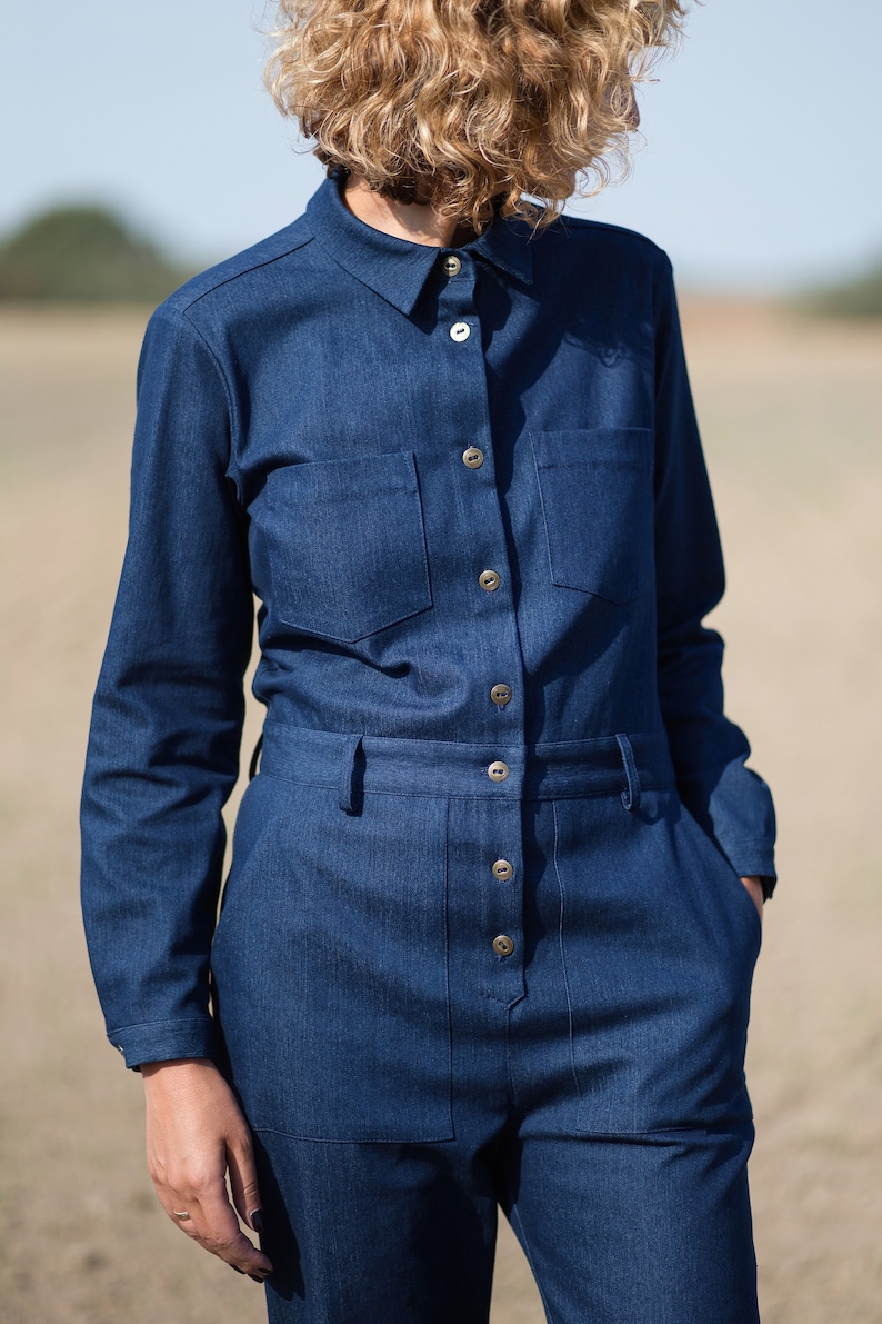 Denim relaxed silhouette jumpsuit / Denim long sleeve coverall / OFFON CLOTHING image 2