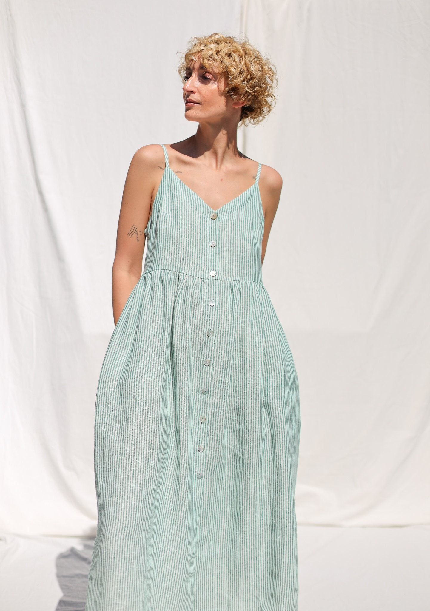 Adjustable straps summer linen dress ELOISE in green stripes • OFFON Clothing