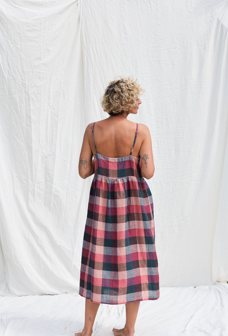 Adjustable straps checks linen dress ELOISE / OFFON Clothing image 3