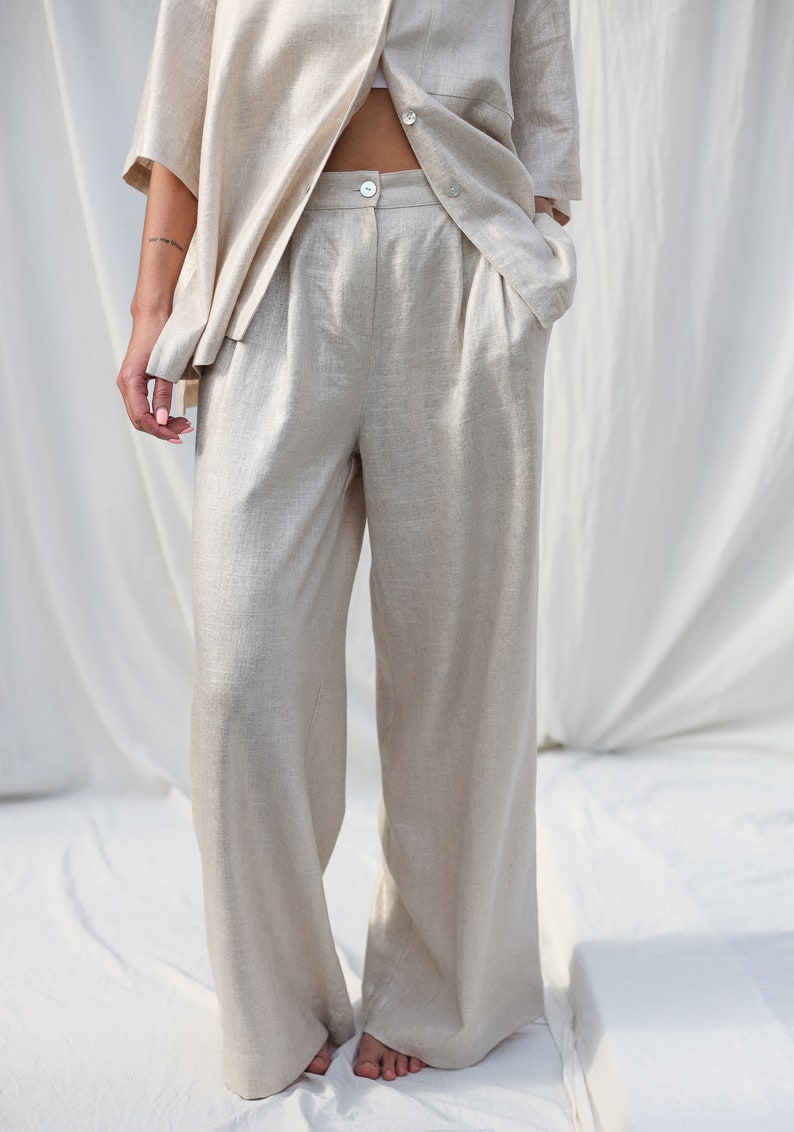 Silver metallic linen and viscose wide leg palazzo pants OFFON Clothing zdjęcie 8