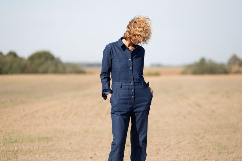 Denim relaxed silhouette jumpsuit / Denim long sleeve coverall / OFFON CLOTHING image 4