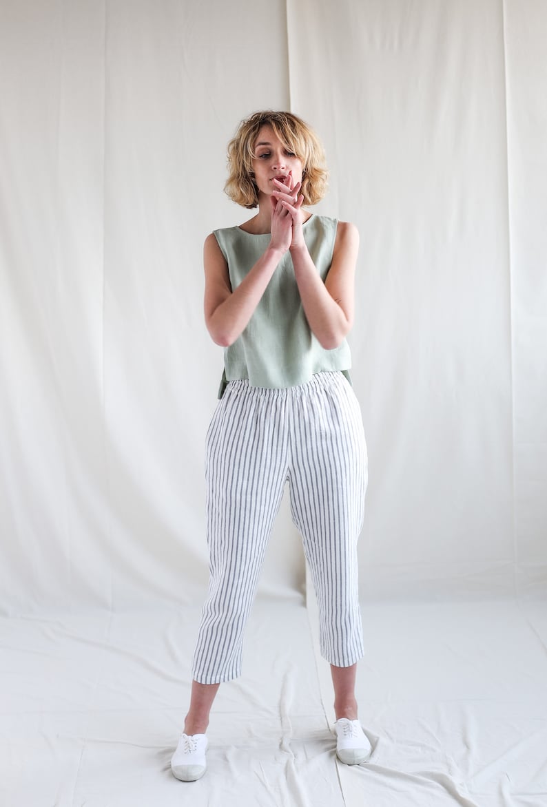 Linen cropped leg trousers in stripes. Handmade by OFFON Clothing image 7