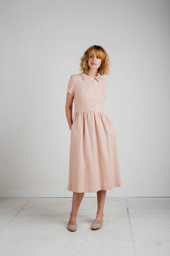 Linen Shirt Dress Rose Linen Maxi Dress Short Sleeve Linen