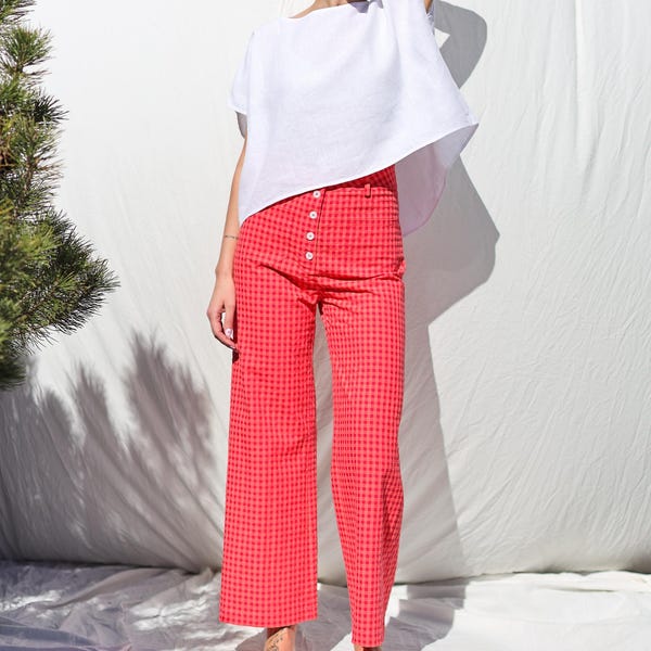 Higher waist cropped leg culottes in Glace Cherry Red seersucker checks • OFFON Clothing