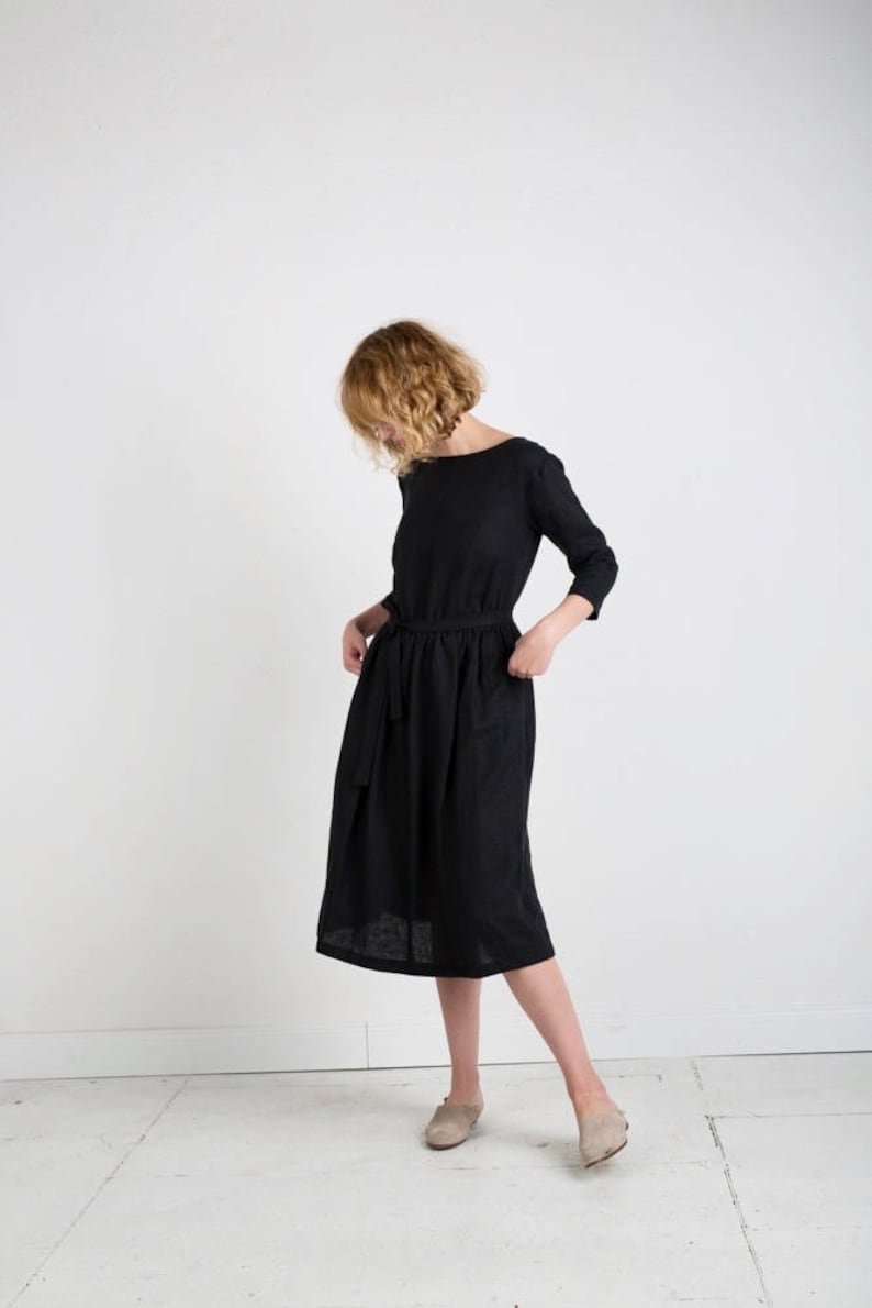 Black Linen Tie Belt Dress Linen Dress In Black Available in 44 colors Handmade by OFFON image 3