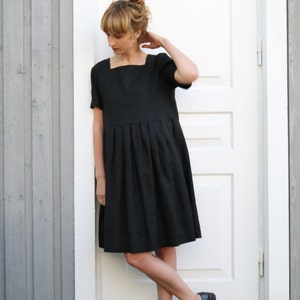 Black linen square neck oversized dress Handmade by OFFON image 5