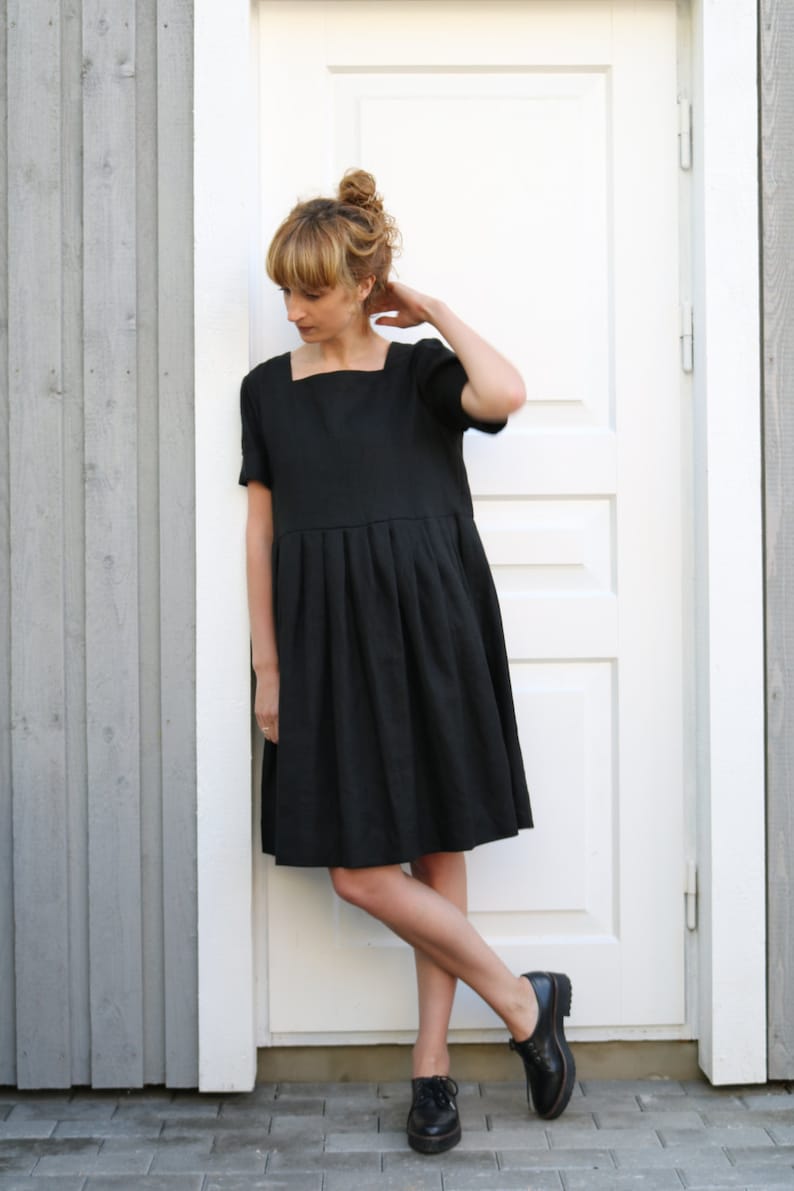 Black linen square neck oversized dress Handmade by OFFON image 5