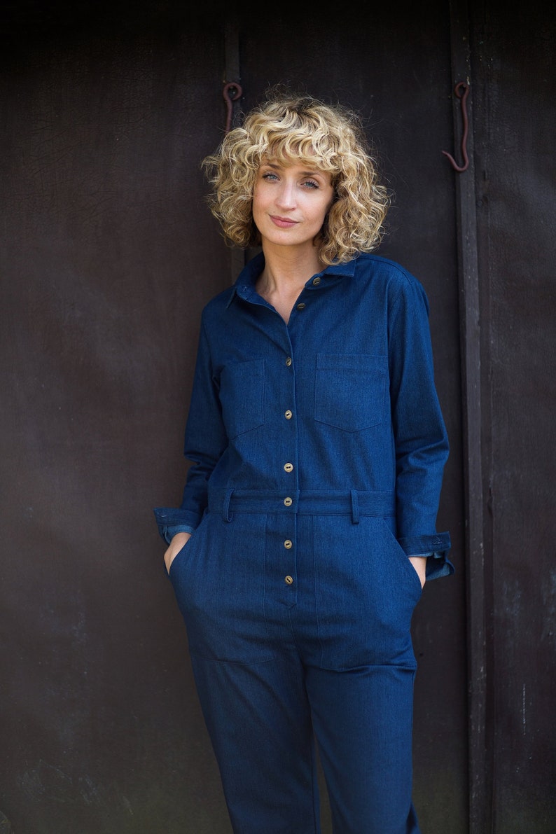 Denim relaxed silhouette jumpsuit / Denim long sleeve coverall / OFFON CLOTHING image 3