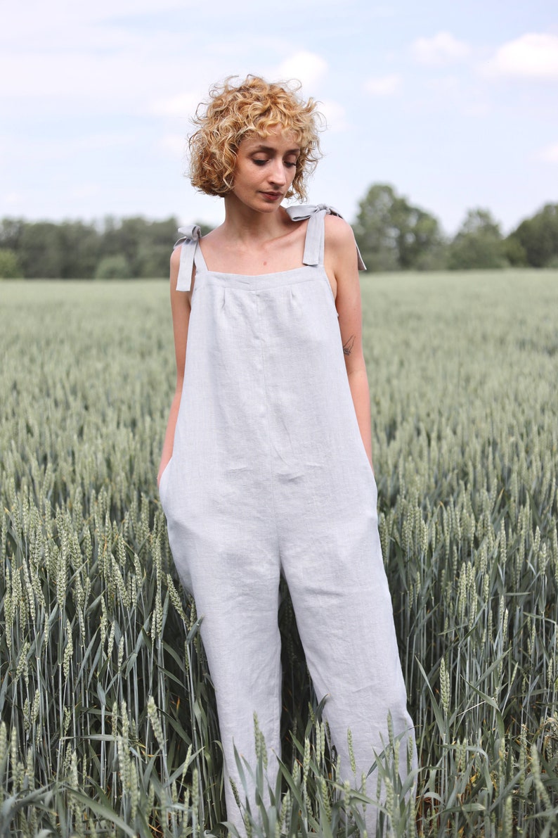 Tie-strap linen jumpsuit / Sleeveless linen romper / OFFON CLOTHING image 2