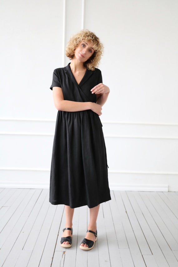 Black Linen Wrap Dress/offon CLOTHING | Etsy Hong Kong