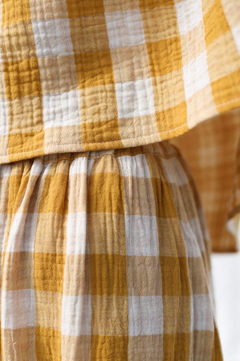 Double gauze mustard checks skirt with elastic waistband OFFON CLOTHING image 7