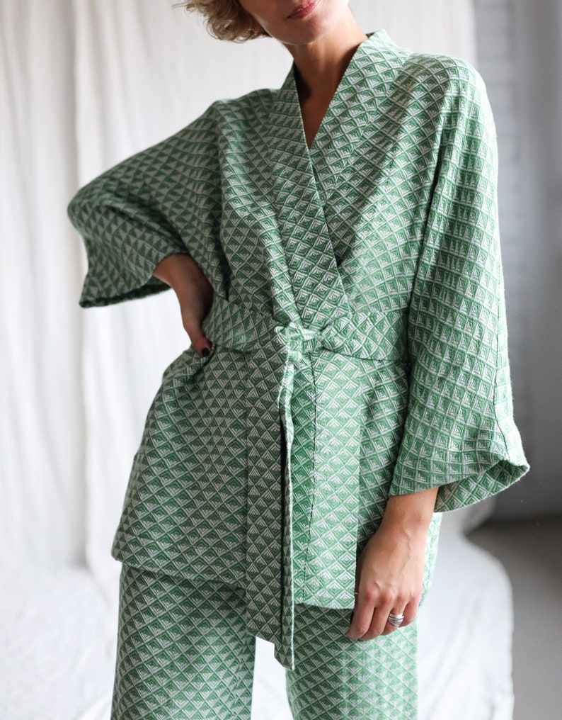 Jacquard linen geometric pattern kimono style jacket / OFFON CLOTHING image 1