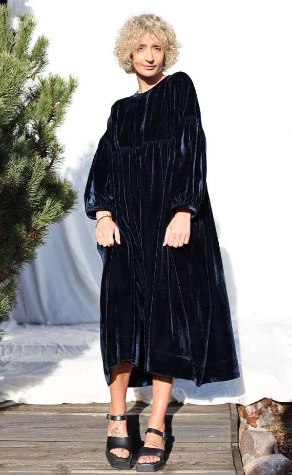 Oversized Midnight Blue Velvet Dress With Voluminous Sleeves  Handmade by  OFFON CLOTHING - Etsy Canada
