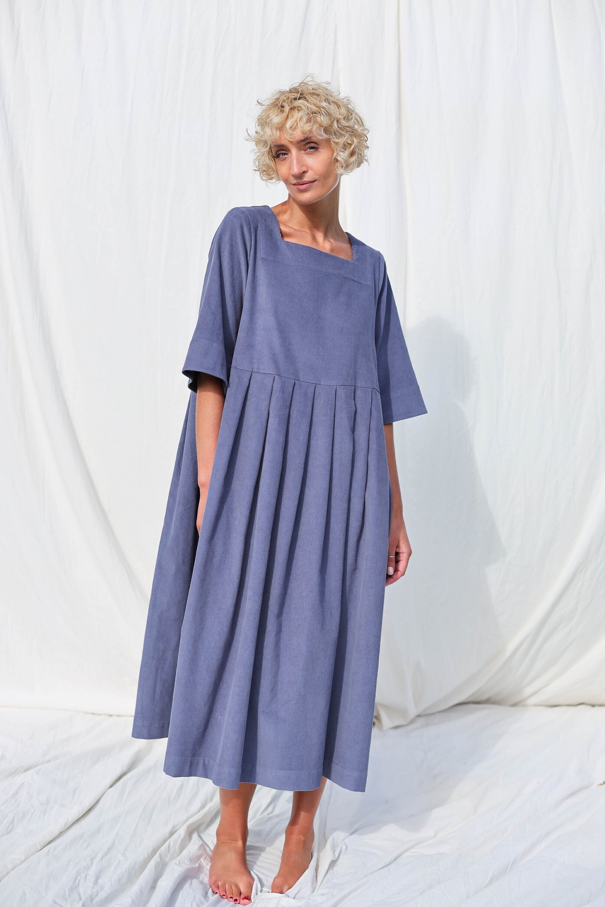 Oversized Square Neck Needlecord Dress VALERIE Handmade by OFFON