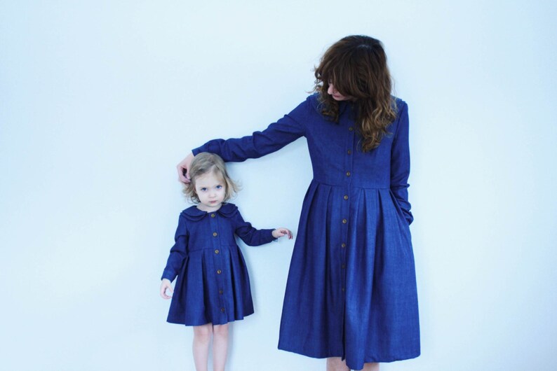 Girls Denim Dress Girls Long Sleeved Handmade Dress Indigo Denim Dress Handmade by OFFON Clothing image 5