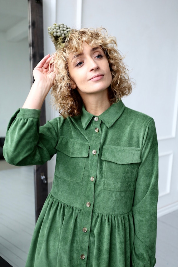 Corduroy Dress/cotton Dress/needlecord Shirt Dress in Forest Green