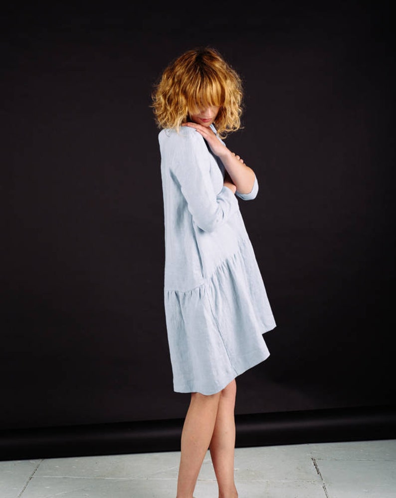 Smock Linen Dress Long Sleeve Linen Dress Loose Linen Dress In Sky Blue Handmade by OFFON image 5