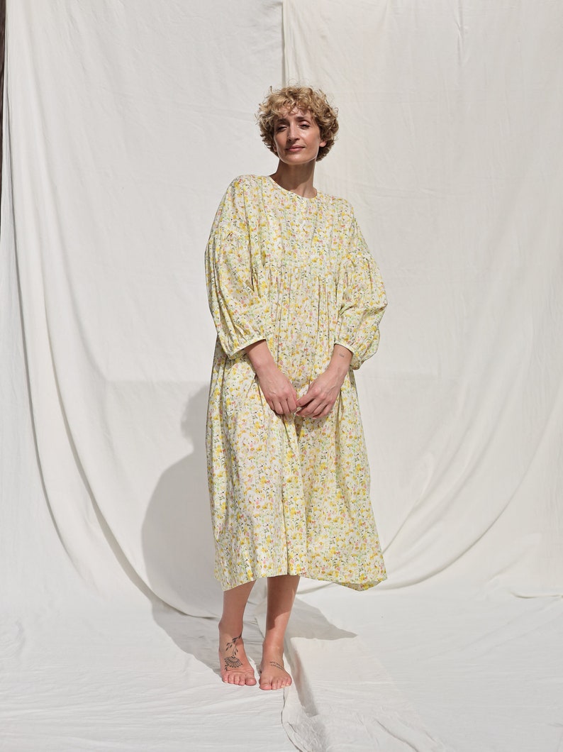 Oversized voluminous sleeves floral print silky cotton dress GRETA OFFON CLOTHING zdjęcie 2