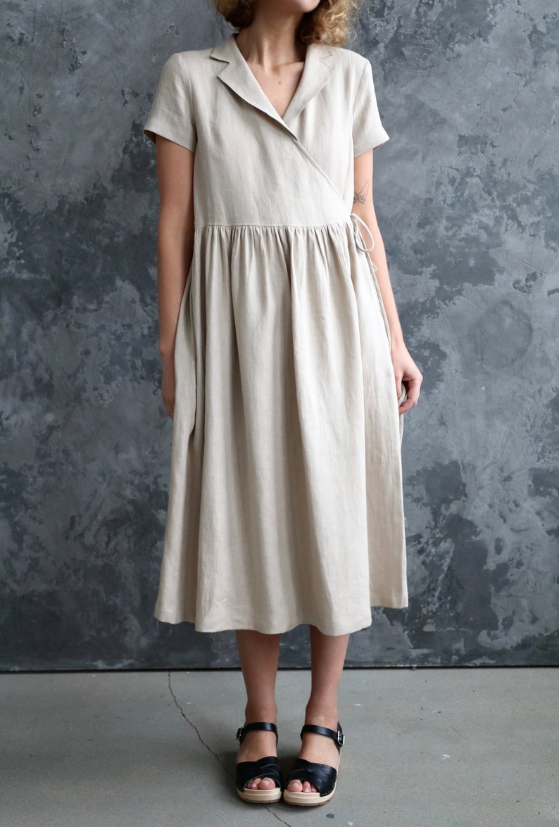 Ready to ship/Linen wrap dress/Belted linen short sleeve dress/OFFON CLOTHING image 4