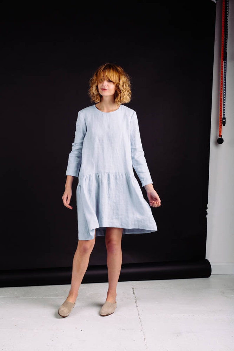 Smock Linen Dress - Long Sleeve Linen Dress - Loose Linen Dress In Sky Blue - Handmade by OFFON