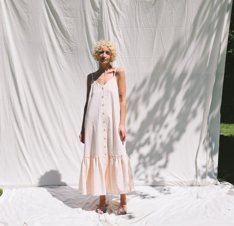 Sleeveless Ruffled Hem Maxi Dress in Seersucker Checks – Handmade by OFFON Clothing