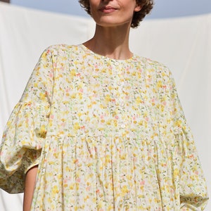 Oversized voluminous sleeves floral print silky cotton dress GRETA OFFON CLOTHING zdjęcie 9