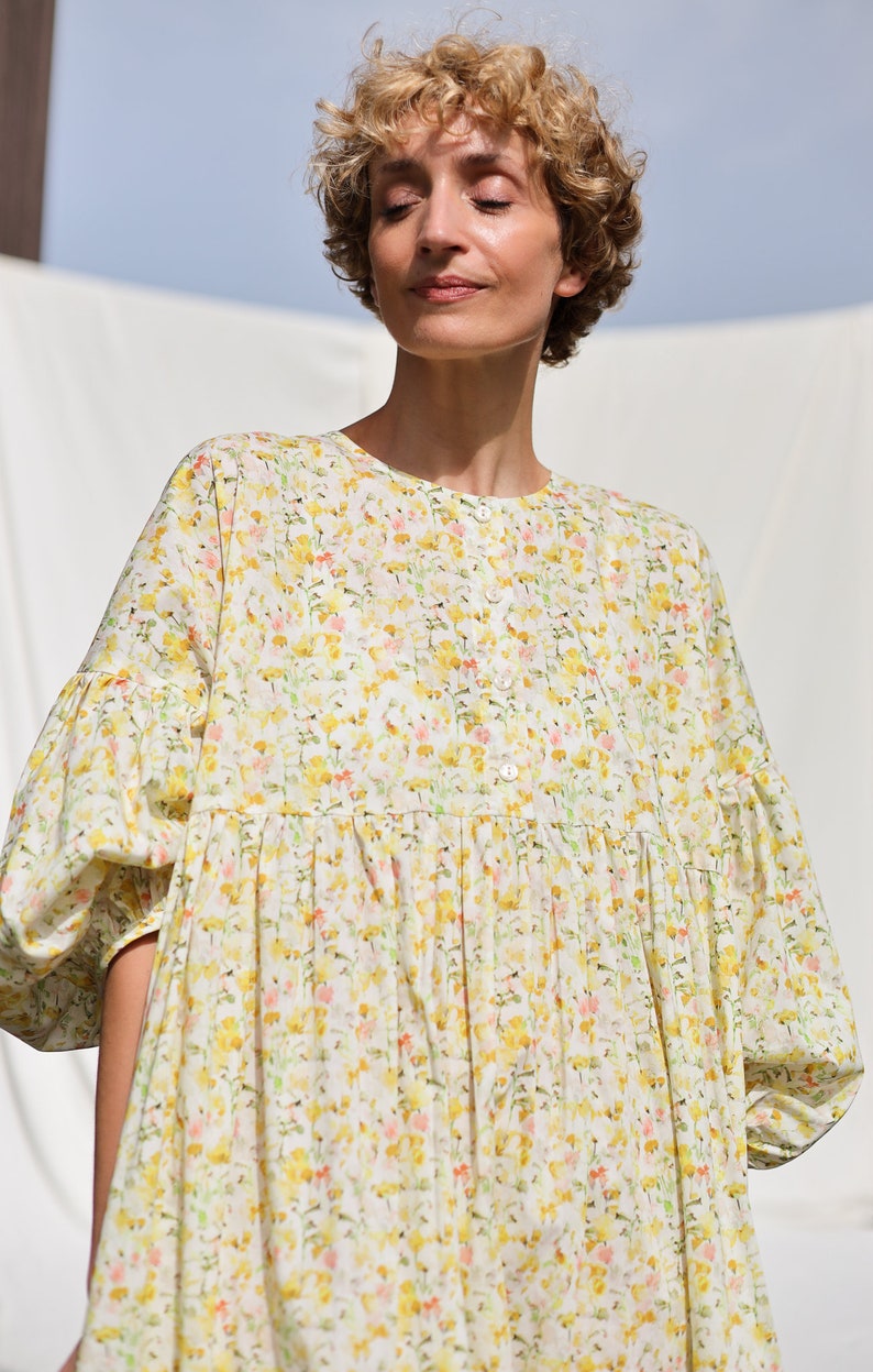 Oversized voluminous sleeves floral print silky cotton dress GRETA OFFON CLOTHING zdjęcie 9