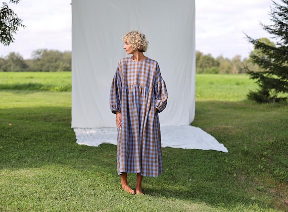 Oversized Linen Dress GRETA in Bluebonnet Checks - Handmade by OFFON CLOTHING