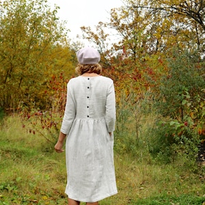 Loose striped linen dress / Higher waist hand ruffled skirt linen dress / OFFON CLOTHING image 4