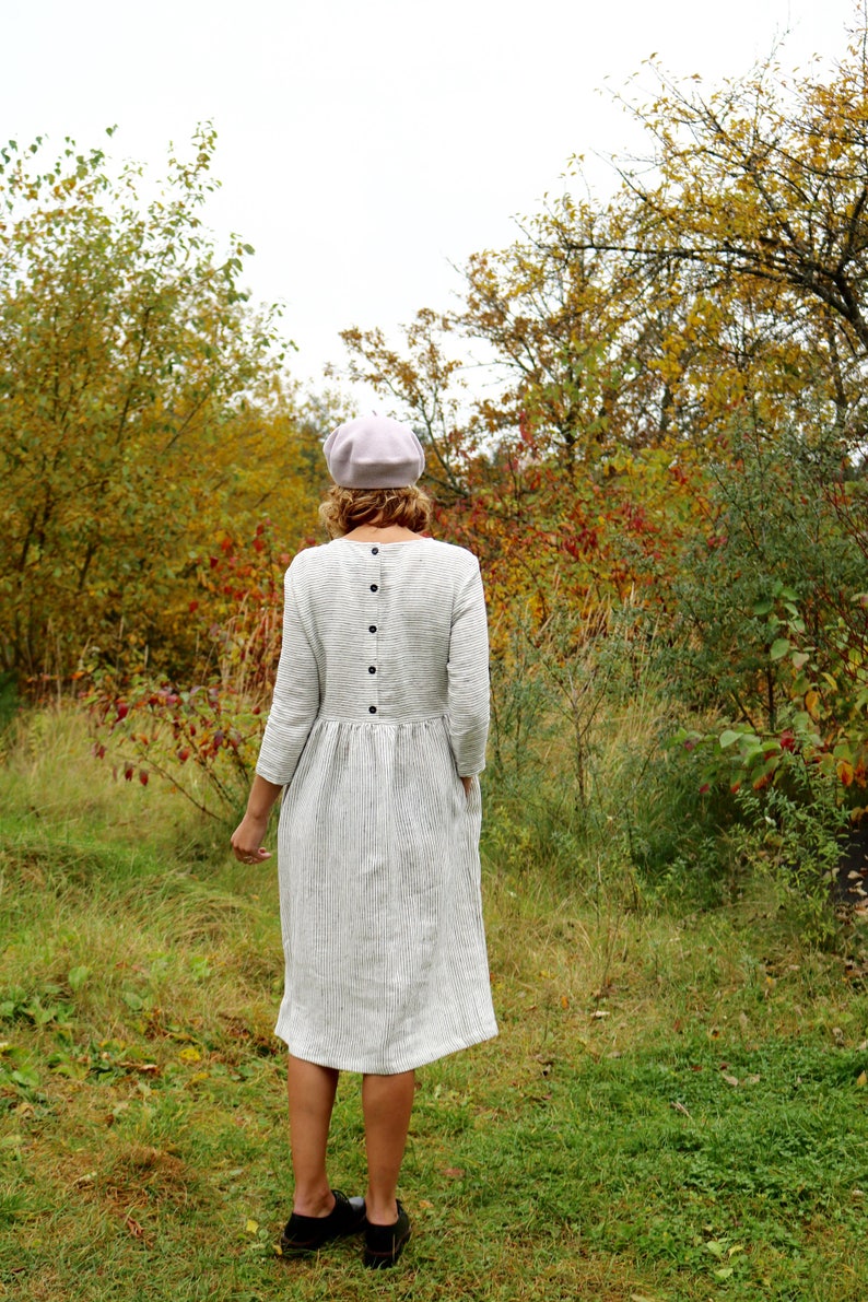 Loose striped linen dress / Higher waist hand ruffled skirt linen dress / OFFON CLOTHING image 4