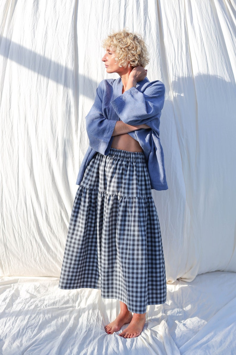 Checkered organic cotton tiered skirt with elasticated waist • OFFON CLOTHING