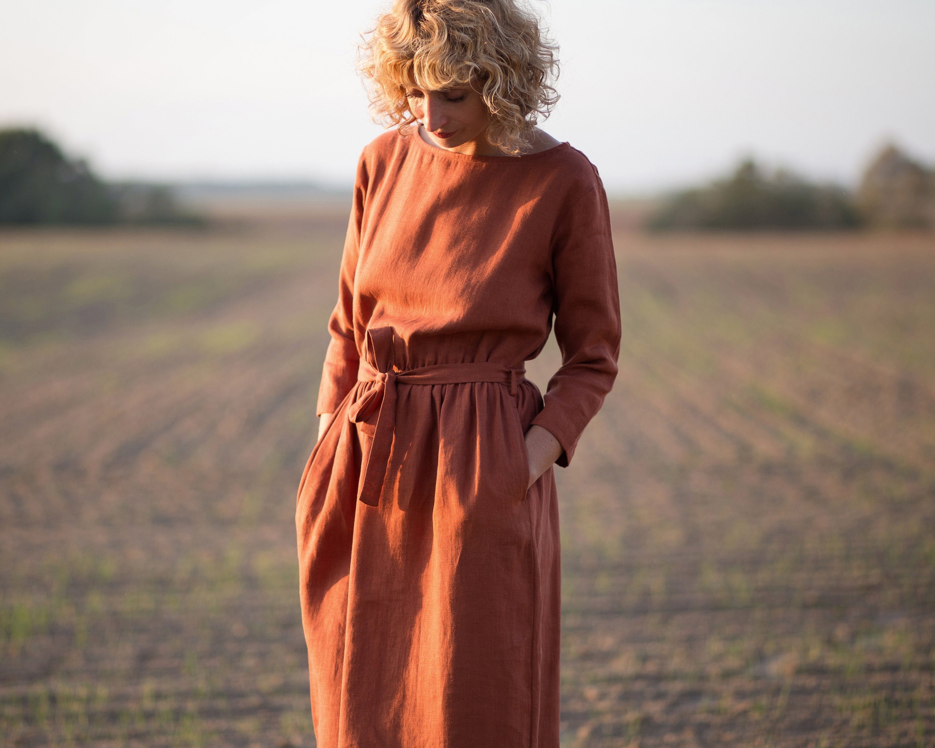 Linen Midi Dress in Redwood Linen Dress 