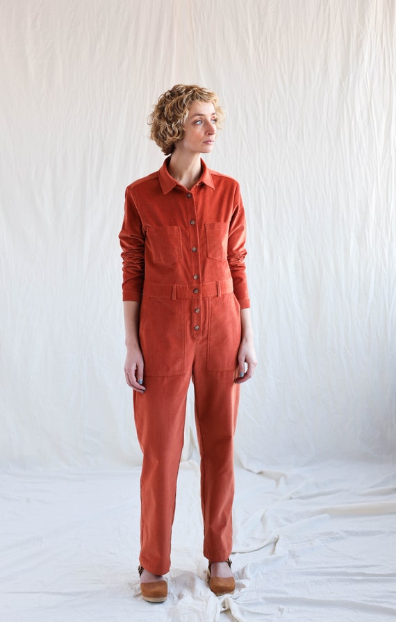 These Three Boutique Zip Up Corduroy Jumpsuit-Red S