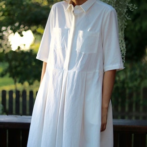 White Cotton Shirt Dress / Pleated Skirt Dress / OFFON CLOTHING image 4